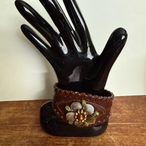 Green and Brown Leather Cuff Bracelet with Floral Centerpiece - Picture 8 of 9